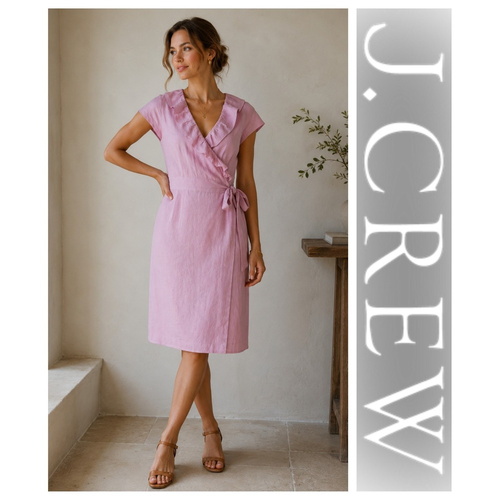 J. Crew Lavender Pink 100% Linen Cap Sleeve Ruffled Wrap Dress Size 10